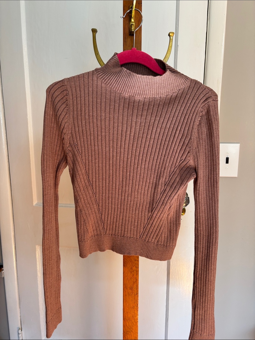 She + Sky Cropped Ribbed Mock Neck Sweater - Light brown/mauve hue.